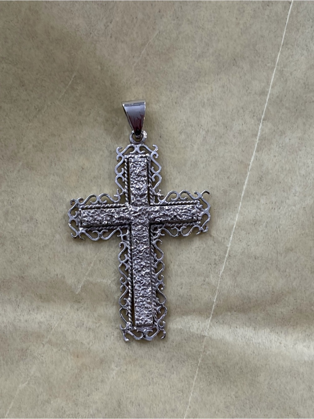 Vintage Sterling Silver Brushed Textured Filigree Cross Pendant Unisex Large